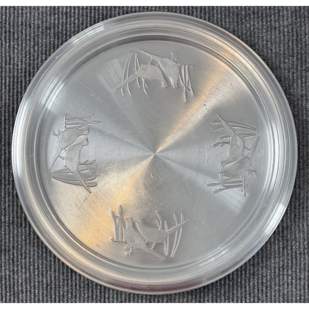 Vintage Aluminum Tray Pheasant Bird Etched Serving Platter 12" Hunt Cabin Lodge